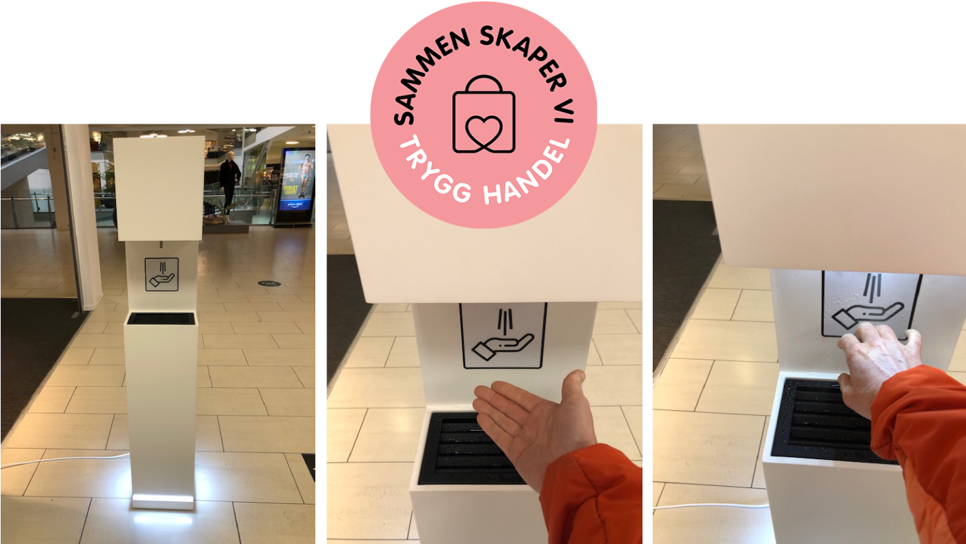 Kollasj med tre bilder av hvordan håndsprit-automaten virker, og trygg handel-logo