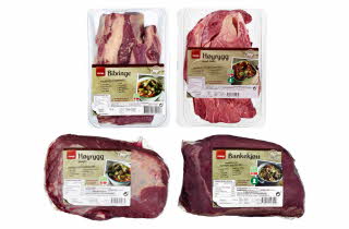 To pakker med høyrygg, en pakke med bibringe og en pakke med bankekjøtt.