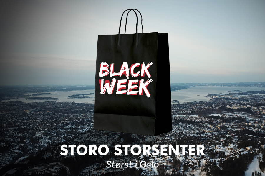 Bilde over Oslo med en stor svar papirpose på toppen og logoen til "Black Week" og "Storo Storsenter"