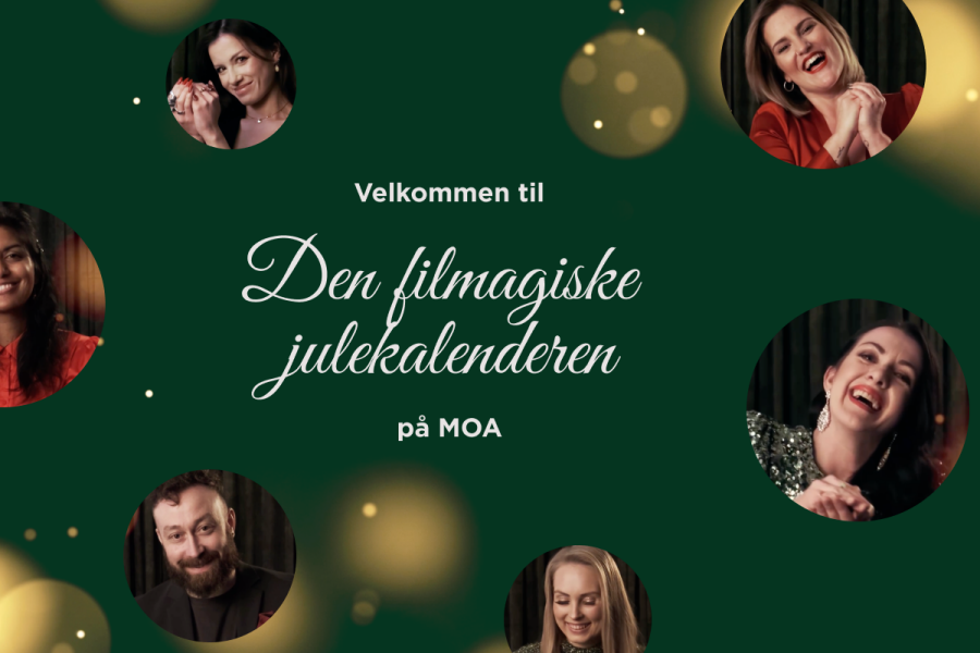 Grønn bakgrunn, bilder av ansikter og teksten Velkommen til den filmagiske julekalenderen på Moa