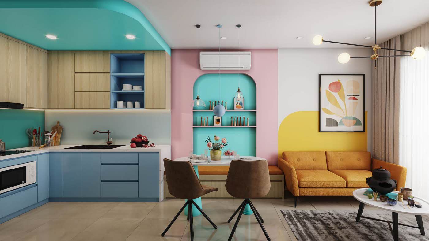 Åpen kjøkken- og stueløsning med akvamarin, lyserosa og mørk pastellblå innredning, oransj sofa, gul påmalt bue på vegg og delvis integrert belysning. Interiørtrend vår 2022.