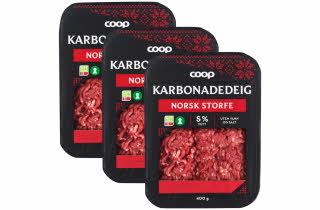 Tre pakker Coop karbonadedeig av norsk storfe, 400 g.