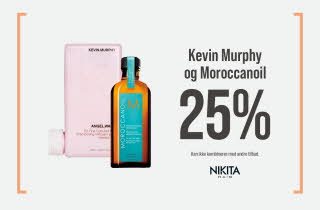 To produkter fra Kevin Murphy og Moroccanoil med tekst "Kevin Murphy og Moroccanoil 25%"