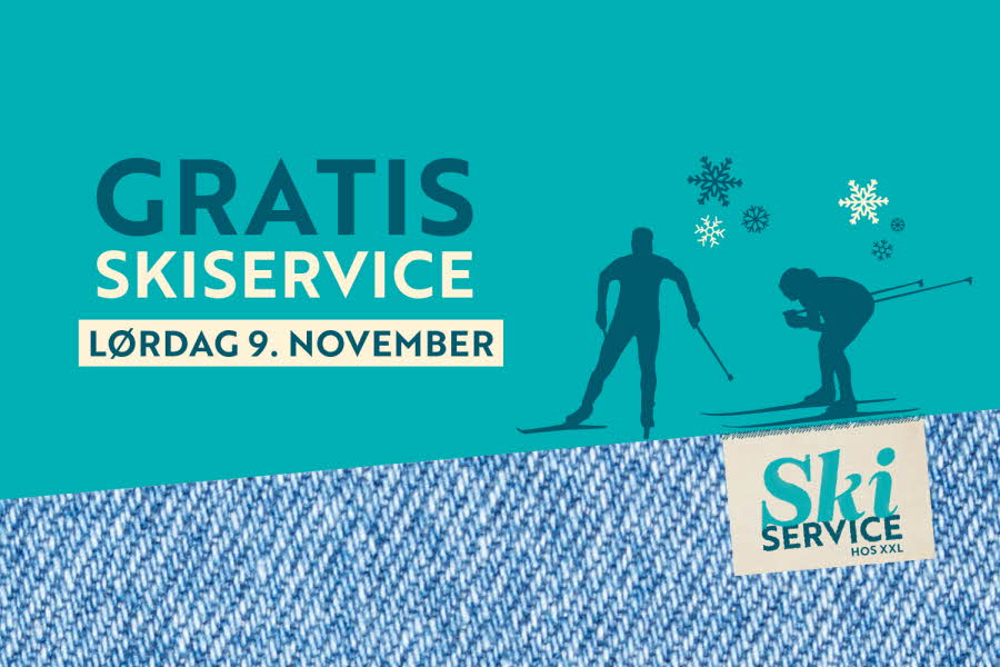 Blå bakgrunn med teksten "GRATIS Skiservice lørdag 9. november fra kl. 10 ved XXL"