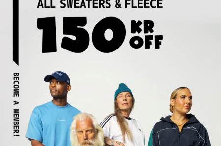 Fire personer i ulik aldre ikledd klær fra Junkyard med teksten "all sweathers & fleece 150 kr off"