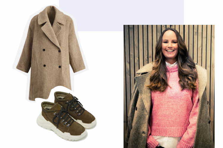 Kollasj av Mette i rosa genser og produktbilde av kåpe og sneakers