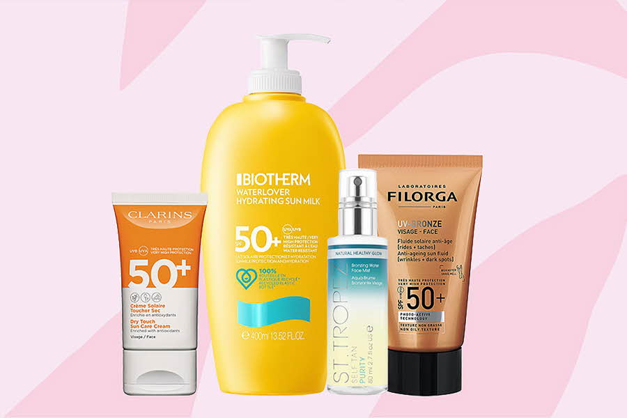Diverse solkrem i stor flaske, tube og spray