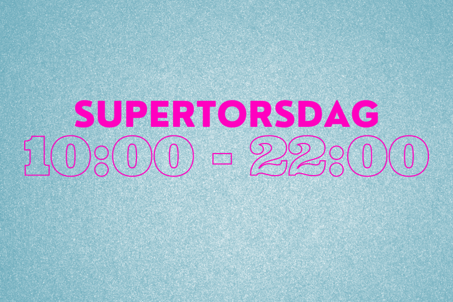 Grafisk bilde med teksten "Supertorsdag - 10:00 - 22:00"