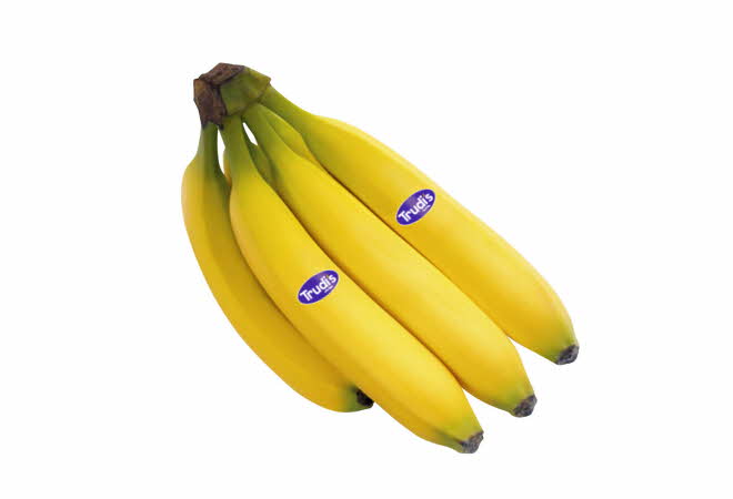 En klase med fem gule bananer med Trudis-merkelapper.
