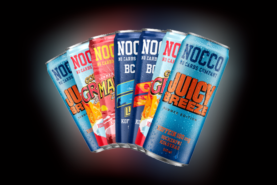 Brett med energi drikke fra Nocco i ulike smak