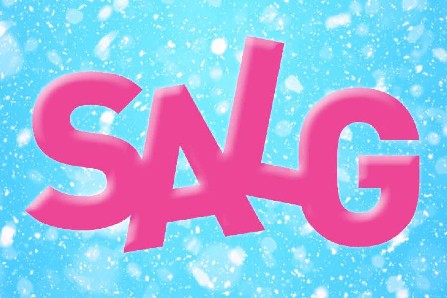 salg i rosa bokstaver med blå bakgrunn