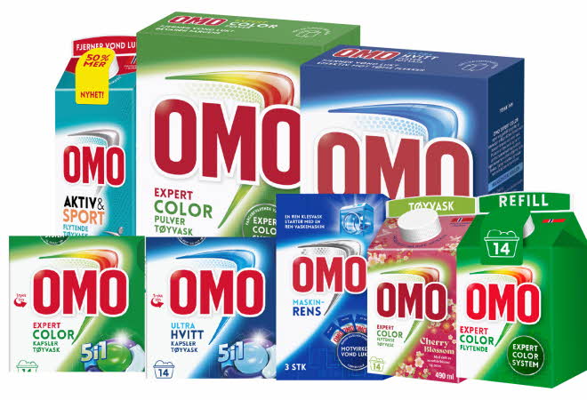 Et utvalg OMO vaskemidler i ulike varianter og pakninger.