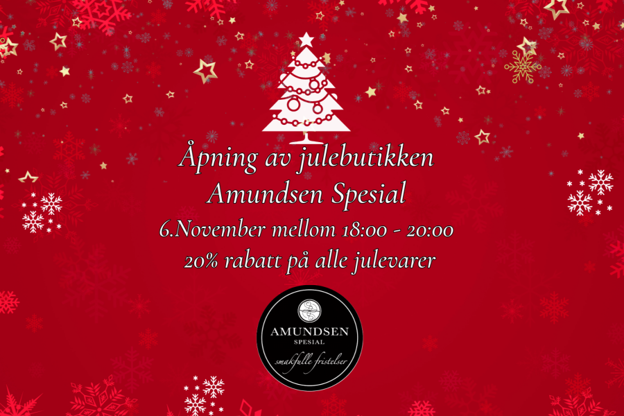 Rød bakgrunn med juletre og Amundsen Spesial logo med tekst "åpning av julebutikken Amundsen Spesial"