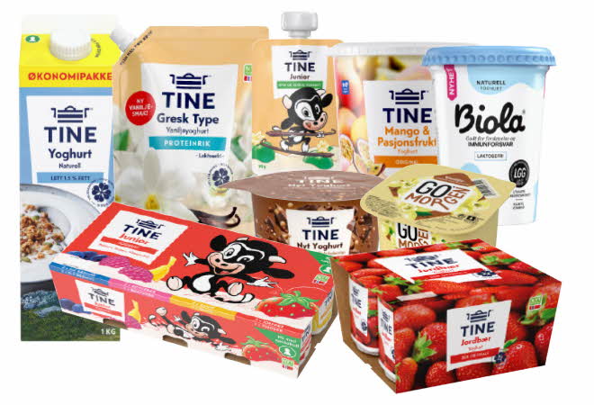 Et utvalg TINE-yoghurtprodukter i ulike varianter.