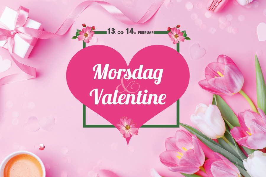 rosa bakgrunn med rosa og hvite tulipaner, fargerike makroner, rosa gavepakning, hjerte med teksten Morsdag & Valentine inni en grønn ramme