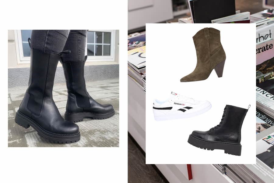 Boots på føtter og produktbilde av sneakers og boots