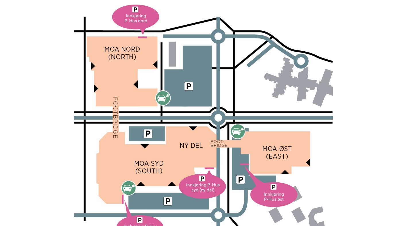 Kart over Moa-området med piler som viser innkjøring til parkeringshus og ladestasjoner for el-bil