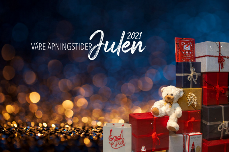 Bamse med julegaver med tekst: Våre åpningstider julen 2021