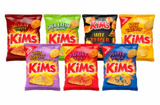 Syv forskjellige versjoner av Kims potetchips.