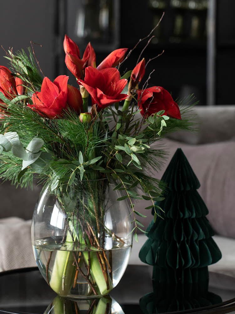 rød blomsterbukett i gjennomsiktig vase