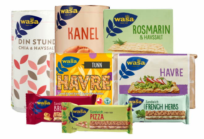 Et utvalg Wasa knekkebrød og sandwich-produkter i ulike smaker.