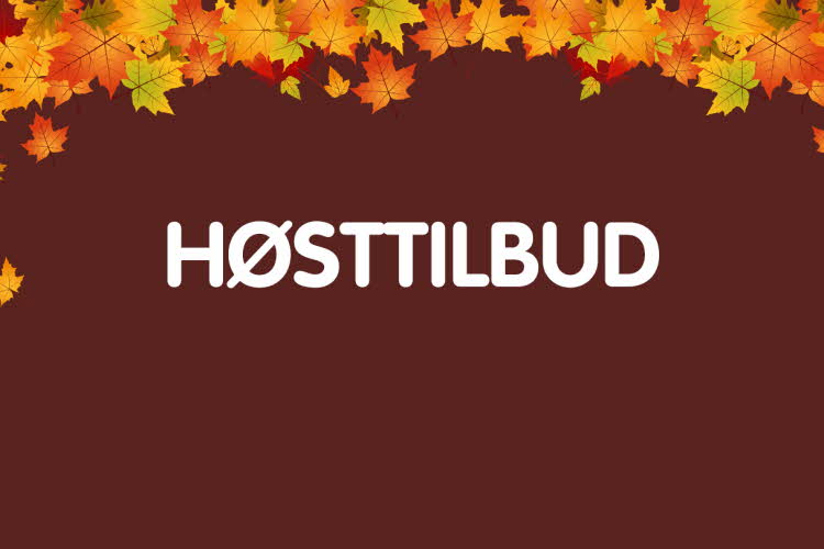 brun bakgrunn med høstløv langs toppen av bildet, hvit tekst i midten med høsttilbud
