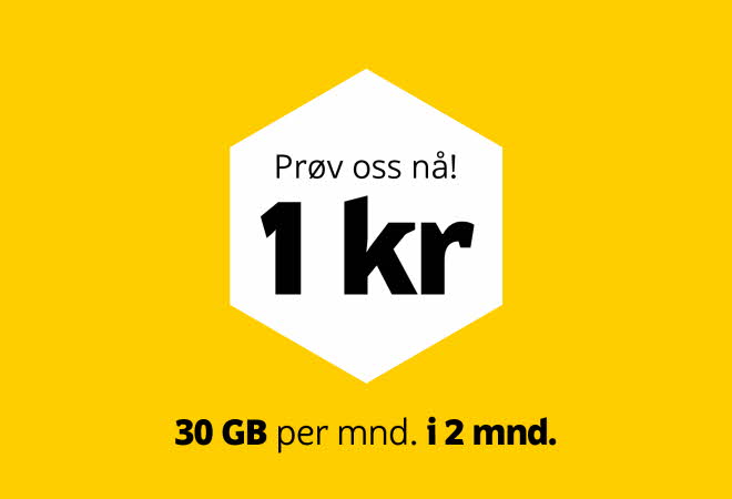 Gul banner med tekst "Prøv oss nå! 1 kr 30GB per mnd. i 2 mnd."