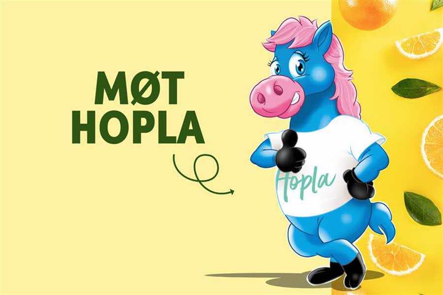 Aktivitetsbilde med teksten "Møt Hopla" og bilde av Hopla, Ski Storsenter sin maskot