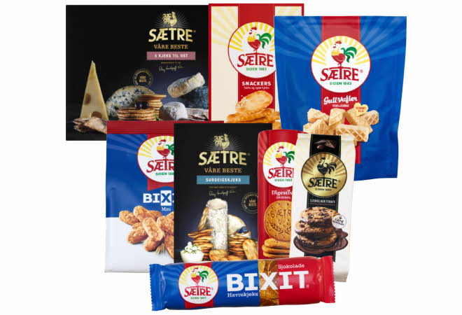 Ulike kjeks og snacks fra Sætre.