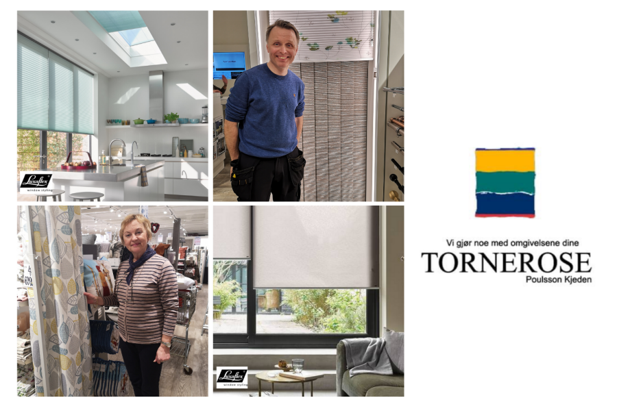 To ansatte på tornerose viser fram gardiner og solskjerming
