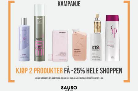 Seks produkter fra ulike merker står ved siden av hverandre med teksten "kampanje, kjøp 2 produkter få -25% hele shoppen"