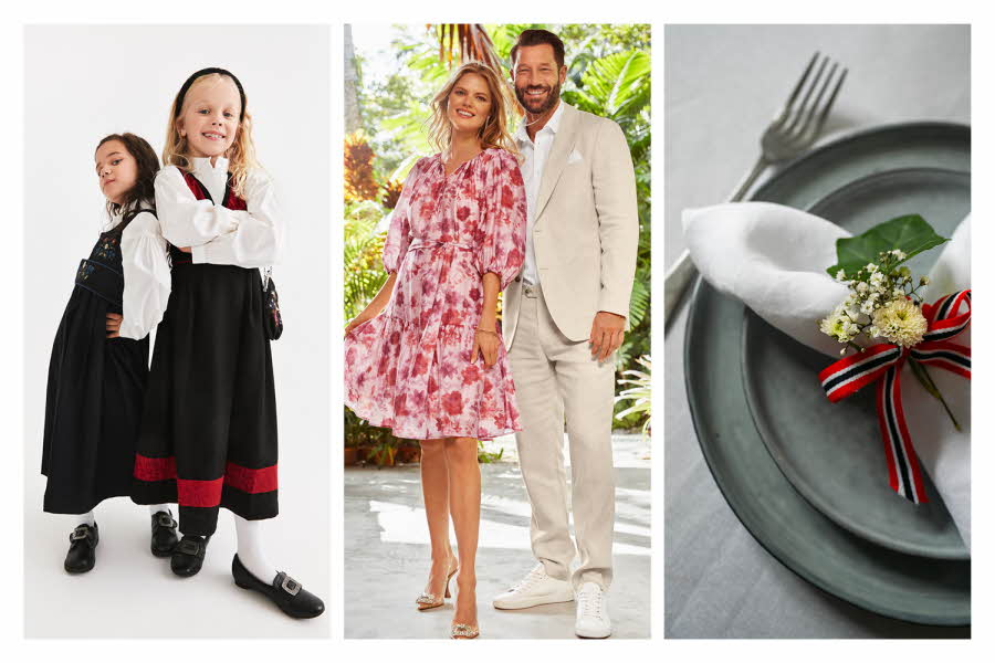 barn i festdrakt, dame i rosa og hvit kjole, mann i beige dress, pent dekorert bord