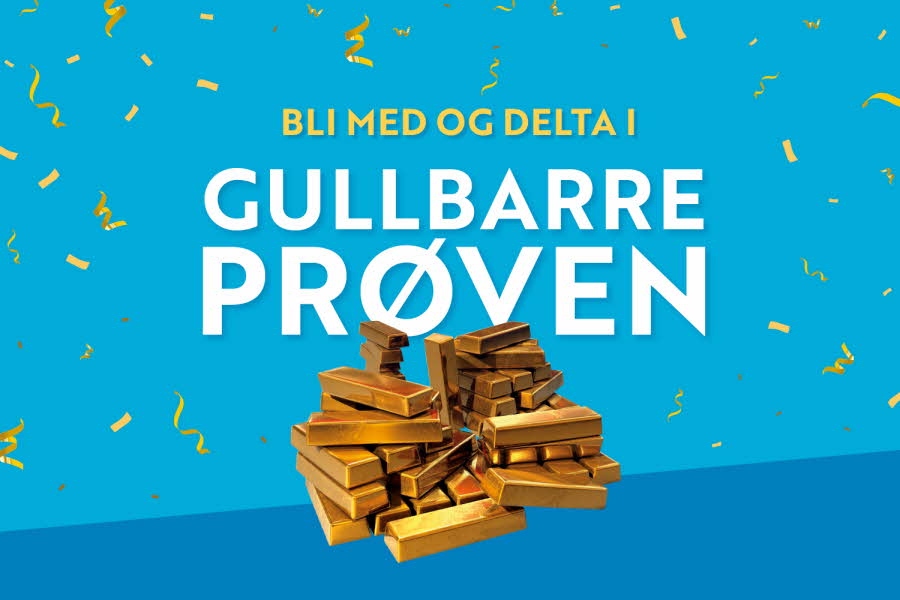 Blå bakgrunn med en haug gullbarrer og teksten "bli med og delta i gullbarreprøven"