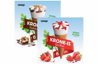To esker med Coop krone-is, en med sjokolade og den andre med jordbær smak.
