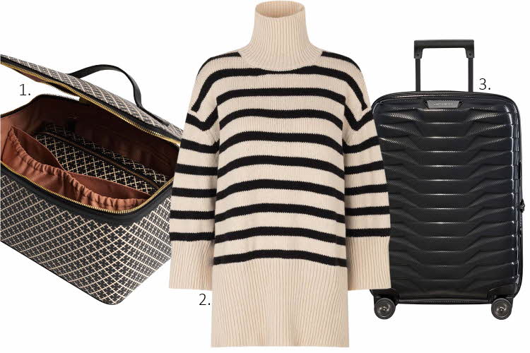 svart og hvit mønstret pakkebag, høyhalset genser i hvitt med svarte striper, svart koffert