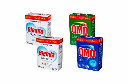 2 vaskemiddel produkter fra OMO og 2 vaskemiddel produkter fra Blenda