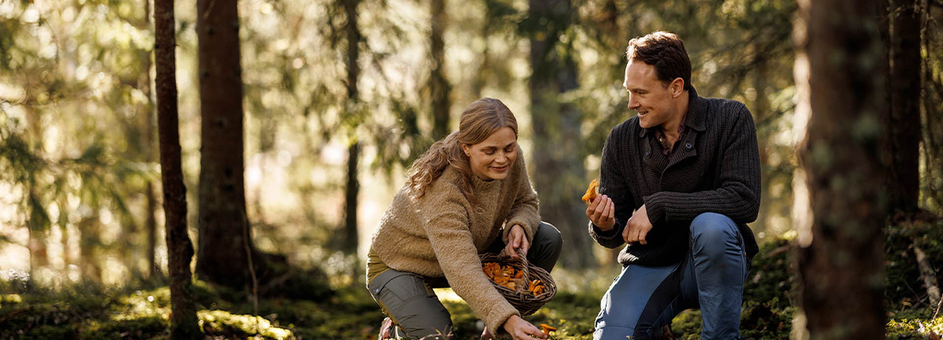 Høstbilde to personer som er i skogen og plukker sopp