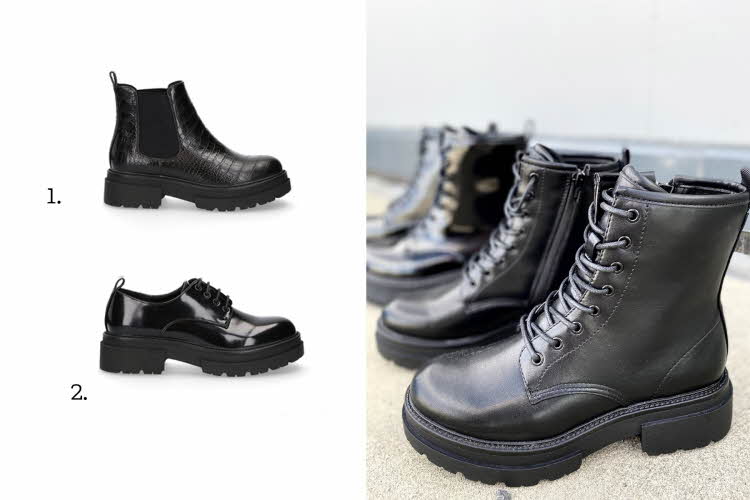 Produktbilde to forskjellige boots og et par sko foran speilet