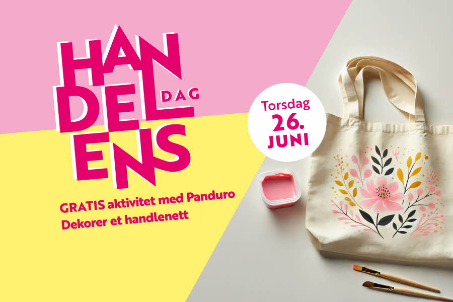 Rosa og gul bakgrunn med bilde av et handlenett og tekst "handelens dag 26. juni GRATIS aktivitet med Panduro. Dekorer handlenett"