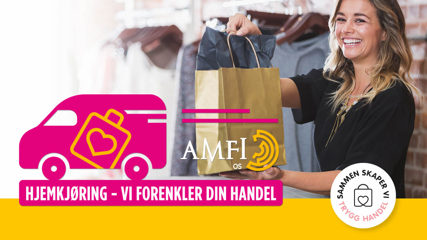 dame holder handlepose, rosa bil med handlepose med hjerte i, amfi os-logoen