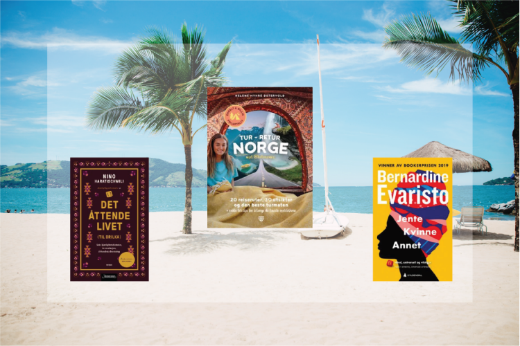 Tre bøker med sandstrand og palmer i bakgrunnen