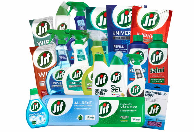 Et utvalg Jif rengjøringsprodukter for kjøkken, bad og universalbruk.