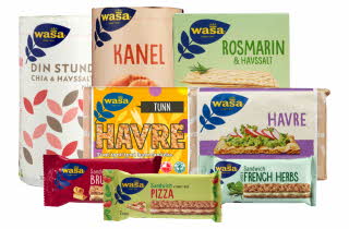 Et utvalg Wasa knekkebrød og sandwich-produkter i ulike smaker.
