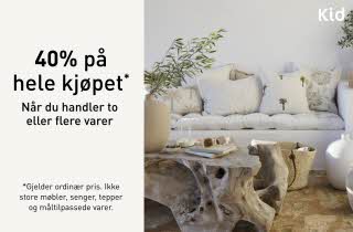 En innredet stue med produkter fra Kid Interiør og teksten "40% på hele kjøpet"