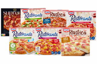 Et utvalg Dr. Oetker frossenpizza i ulike varianter, inkludert Ristorante og Rustica.
