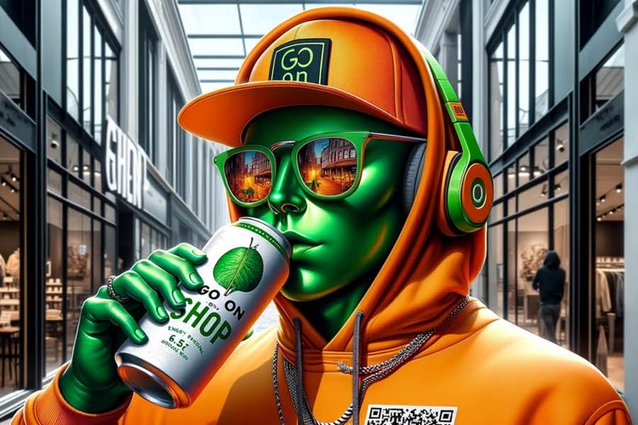 Grafisk bilde av en grønn person i oransje klær som drikker