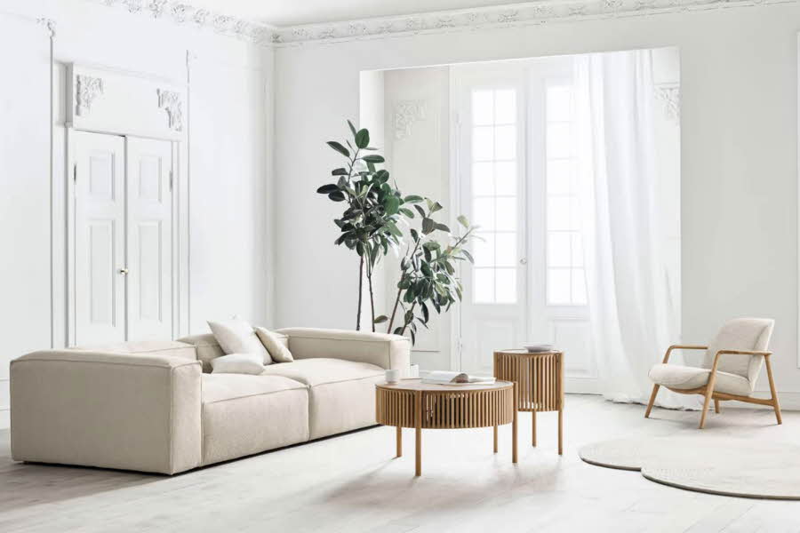 Hvit sofa i stuen med en grønn plante
