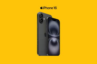 Bilde av en iPhone 16 på en gul bakgrunn.