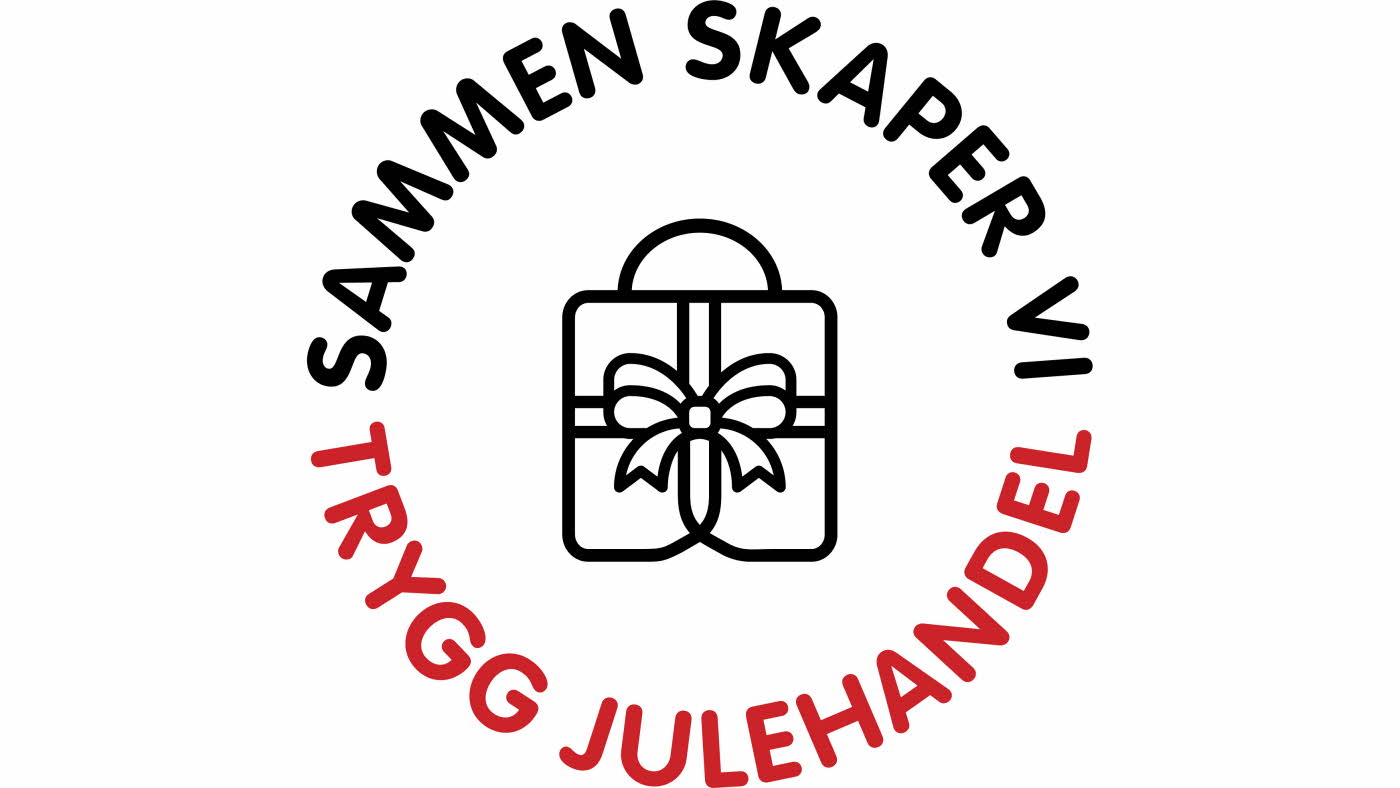 Logo med teksten Sammen skaper vi en trygg julehandel, med element av handlepose med julesløyfe