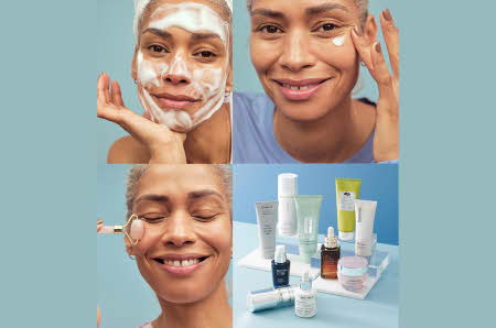 Et kollasj av en dame som bruker ansiktspleie produkter